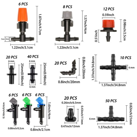 204-piece barbed irrigation fittings kit for 1/4-inch tubing; black plastic connectors.
