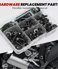 Box of titanium motorcycle fairing bolt kit with screws, nuts, and clips for sportbikes, visible near motorcycle engine.