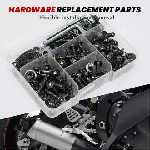 Box of titanium motorcycle fairing bolt kit with screws, nuts, and clips for sportbikes, visible near motorcycle engine.