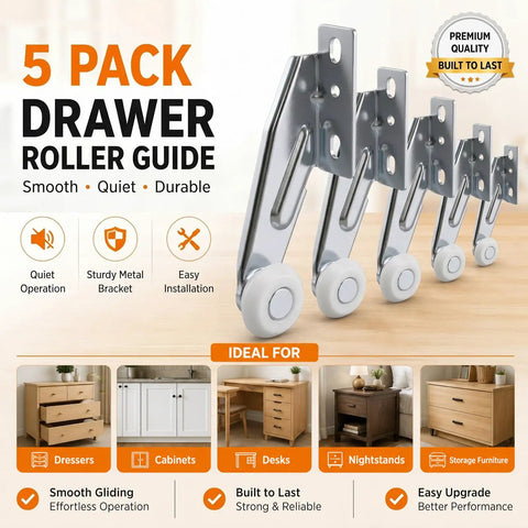 5 Pack Drawer Track Rollers Right Hand Replacement Guides for Dressers and Cabinets, 13/16 Inch Nylon Wheel with Steel Bracket