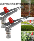1.5 Inch Farm Sprinkler Spray Gun 360 Degree Rotary For Big Area Watering Farms Orchards Tea Gardens Forestry Pack Of 2 Adjustable 25 To 360 Degree Coverage With Heavy Duty Zinc Alloy Build shown in grass and field.