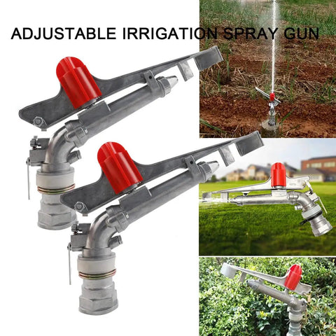 1.5 Inch Farm Sprinkler Spray Gun 360 Degree Rotary For Big Area Watering Farms Orchards Tea Gardens Forestry Pack Of 2 Adjustable 25 To 360 Degree Coverage With Heavy Duty Zinc Alloy Build shown in grass and field.