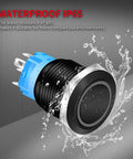19mm 12V Latching Push Button Switch With Blue LED Light Waterproof Marine Grade On Off Prewired Button IP65 Rated