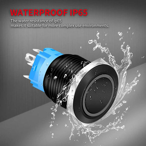 19mm 12V Latching Push Button Switch With Blue LED Light Waterproof Marine Grade On Off Prewired Button IP65 Rated