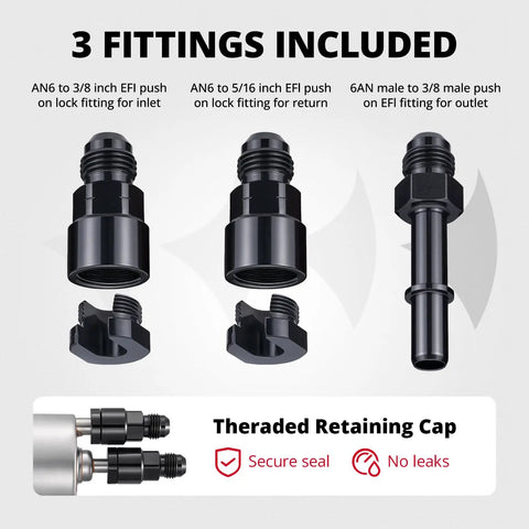 3 fittings for 58 PSI Fuel Filter Regulator For LS Swap EFI Conversion C5, includes AN6 and 6AN connectors, secure with cap