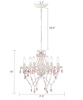 White Crystal Chandelier With Pink Droplets And Strands 6 Light Candle Style Ceiling Fixture For Bedroom Or Dining Vintage Glam Lighting With Elegant Scroll Arm Frame, dimensions shown