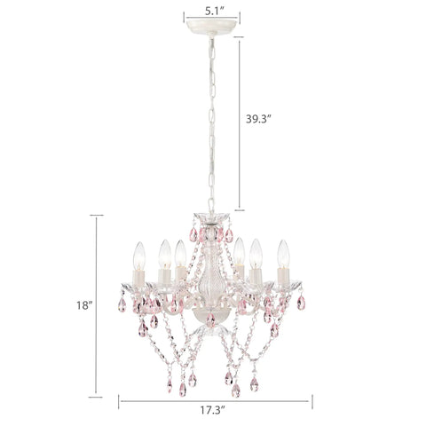 White Crystal Chandelier With Pink Droplets And Strands 6 Light Candle Style Ceiling Fixture For Bedroom Or Dining Vintage Glam Lighting With Elegant Scroll Arm Frame, dimensions shown