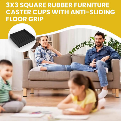 3x3 Square Rubber Furniture Wheel Cups With Anti Slip Grip under sofa, providing scratch resistant floor protection