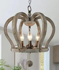 Crown Three Light Wood Chandelier With Rustic Farmhouse Finish Antique Rusty Gold Accents Hand Painted Birch Wood Modern Yet Vintage Dining Room Light Fixture Over Dining Table