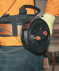 Tie Wire Reel With Quick Lock And Lightweight Aluminum Body on work belt, ambidextrous rewind knob, fits 12 to 18 gauge wire.