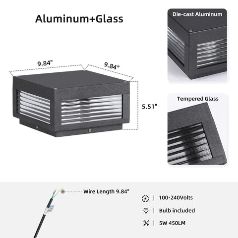 Outdoor LED Post Light With Square Lantern Style, 9.84 Inch Hardwired Aluminum Glass Post Lamp, dimensions and features displayed