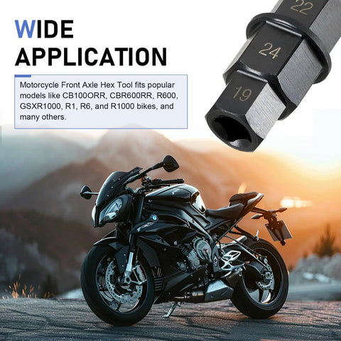 Motorcycle Front Axle Tool Kit With Recessed Hex Socket Spindle Removal Sleeve, black motorcycle with mountains in background