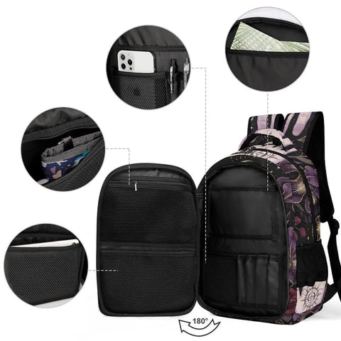 Floral Palm Star Art Printed Unisex Backpack with large capacity, open compartments showing interior pockets and padded straps