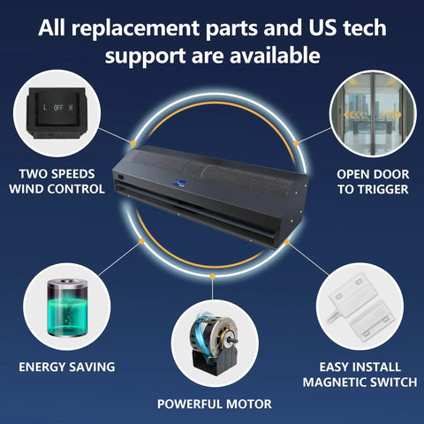Overview of 24 Inch Black Commercial Air Curtain with two speed controls, powerful motor, and features like magnetic switch.