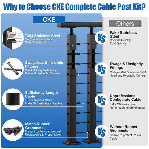 Level Up Your Home Game With This Solid 15 To 20 Ft Cable Railing Post Kit Including Four Adjustable Top Drilled Posts A Full Swageless Bundle And T316 Stainless Steel Wire Rope To Snap Together Quick For Your Porch Or Patio Area: Detailed comparison of CKE Complete Cable Post Kit features.