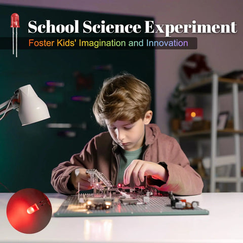 Child using 450 Piece 5mm LED Diode Kit With Five Colors White Red Yellow Green Blue for school science experiment