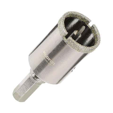 HLOFIZI 3/4-inch diamond tile hole saw with guiding drill bit and hex shank, close-up view