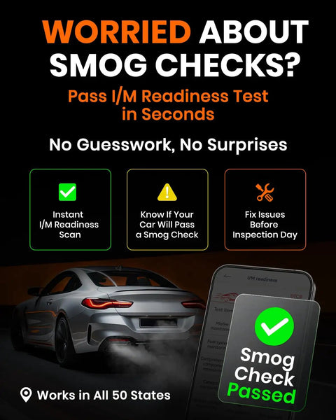 Car with smartphone displaying smog check passed for Bluetooth OBD2 Scanner 2 In 1 Car Diagnostic Tool With Smart App For iPhone And Android