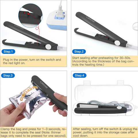 Mini Bag Sealer For Chips And Snacks On The Go, Handy Heat Sealer For Chip Bags And Mylar Bags in use with power cable and instructions