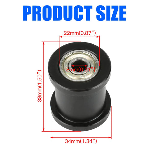 8mm Mini Bike Chain Tensioner with One and Three Quarters Inch Roller, product dimensions in diagram