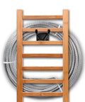Heavy Duty Garage Tool Hanger Set Two Pack Wall Mount Hooks holding wire coil with wooden ladder