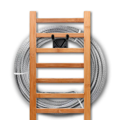 Heavy Duty Garage Tool Hanger Set Two Pack Wall Mount Hooks holding wire coil with wooden ladder