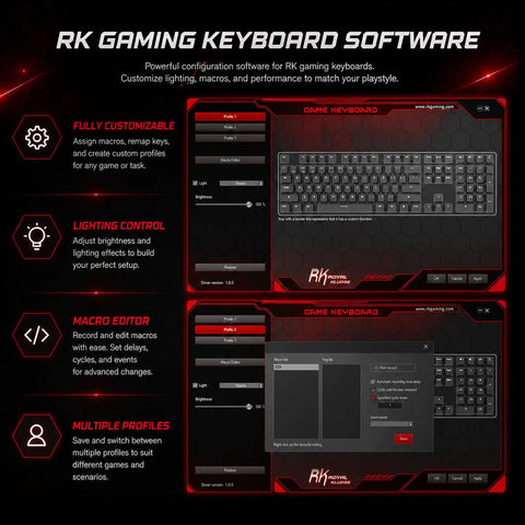 RK Gaming Keyboard Software interface displaying customizable features for Slick Retro Typewriter Keyboard 108 Keys.