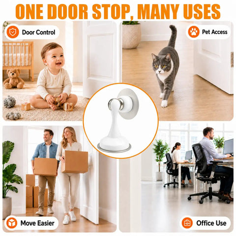 White Magnetic Door Stopper No Drill Wall Or Floor Mount With Slick 3D Adhesive Backing And Solid Steel Hardware For Slam Free Quiet Auto Closure Heavy Duty Home Fixes with various uses in home and office.