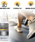 7oz Silicone Treadmill Belt Lubricant With Application Tubes, bottle in foreground, runner's foot on treadmill in background.