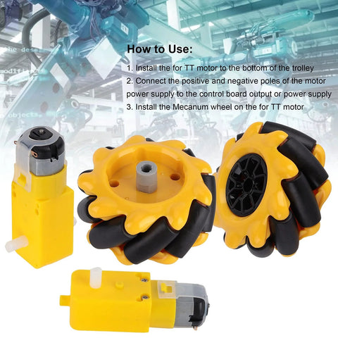 Front view: yellow and black Mecanum wheels (60mm) with TT geared motors for DIY robotics.
