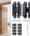 Stealth Hidden Door Hinges 4.5 Inch Invisible Hinge Set For Secret Rooms And Bookcase Doors 180 Degree Adjustable Swing Ultra Quiet Operation Black 2 Pack shown with accessories and door installation.