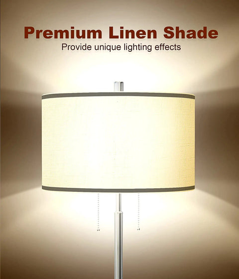 Modern Two Light Floor Lamp With Dual Pull Chains Tall Standing Light In Brushed Nickel Finish And White Lampshade