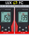 Digital Illuminance Light Meter With Backlight Lux Meter For Indoor Outdoor Use, Measures 0.1 To 200000 Lux And 0.01 To 20000 FC, Go-To Gear For Plants, Film Photography, And Lighting Setup, front display showing Lux and FC units