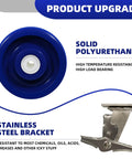 Front view of stainless steel 5-inch caster with blue polyurethane wheel and brake