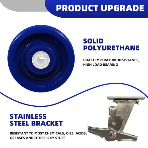 Front view of stainless steel 5-inch caster with blue polyurethane wheel and brake