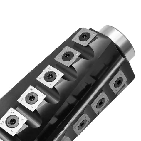 Close-up of Pro Grade 6 Inch Spiral Helical Cutterhead Replacement Kit For Jet Thickness Planer With Carbide Inserts.