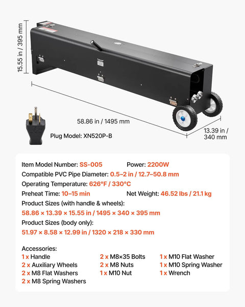 VEVOR Electric PVC Conduit Heater For 1/2 To 4 Inch Pipes With Rapid Even Heating Technology And Carry Handle, view with dimensions and plug.