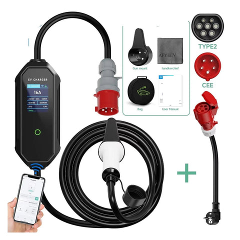 Portable Type Two Ev Charging Station, 11Kw 16A Three Phase with Bluetooth app control and heavy duty charging cable.