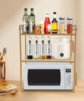 Top Shelf Heavy Duty Double Tier Microwave Stand With Cutting Board Holder And Four Utensil Hooks For Countertop Storage Kitchen Organization No Sweat Setup with kitchen condiments and microwave.