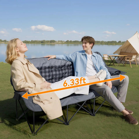 Three Person Padded Camping Chair Loveseat, Foldable Double Camp Couch For Adults With Two Cup Holders by a lake