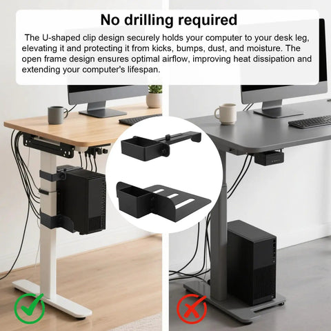 Sweep Floor Mess To The Curb With This Beefy Under Desk PC Mount Clamp On Computer Tower Holder Adjustable Height Width Zero Drill Pain Keep Your Setup Snappy; U-shaped clip design holding PC tower.