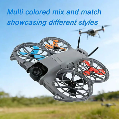 Neo 2 Pro compatible propeller blades on drone, multi-colored design showcasing style in outdoor flight setting.