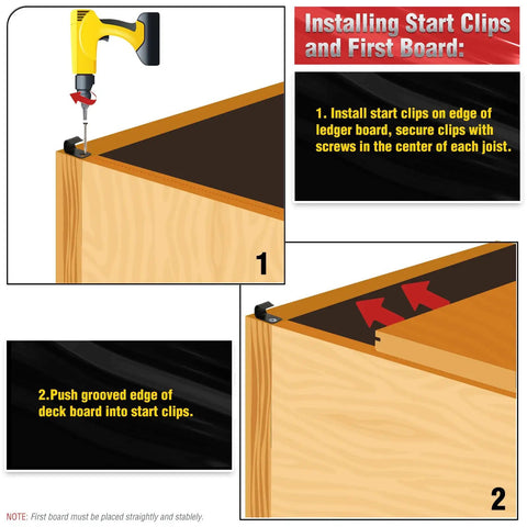 Installation process of Hidden Deck Start Clips For Grooved Composite Decking With Hidden Fasteners And Decking Screws 36 Pack Black.