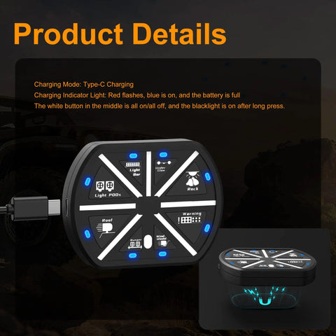 8 Gang Switch Panel With Remote Wireless Control, black relay system with blue LED for 12V-24V vehicles, close-up view