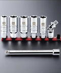 3/8 Inch Drive Spark Plug Socket Set 7 Piece SAE And Metric High Visibility 6 Point Sockets CR-V Steel Mirror Polished