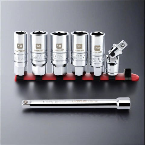 3/8 Inch Drive Spark Plug Socket Set 7 Piece SAE And Metric High Visibility 6 Point Sockets CR-V Steel Mirror Polished