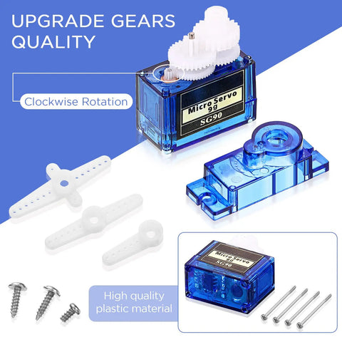 16 Pcs SG90 9G Mini Micro Servo Motors RC Servo Kit For Robot Helicopter Airplane Car Boat Control gear closeup and components