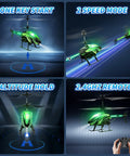 Kids RC Helicopter With 8 Light Modes And Easy Controls, quad image showing features like one-key start and altitude hold.
