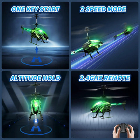 Kids RC Helicopter With 8 Light Modes And Easy Controls, quad image showing features like one-key start and altitude hold.