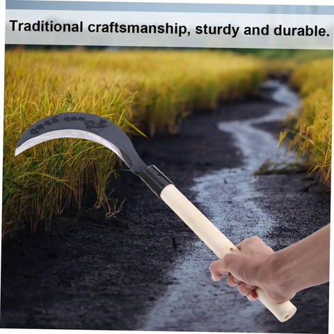 Long Handle Manganese Steel Hand Scythe for Weeding and Uprooting in the Garden, durable tool held in a field background